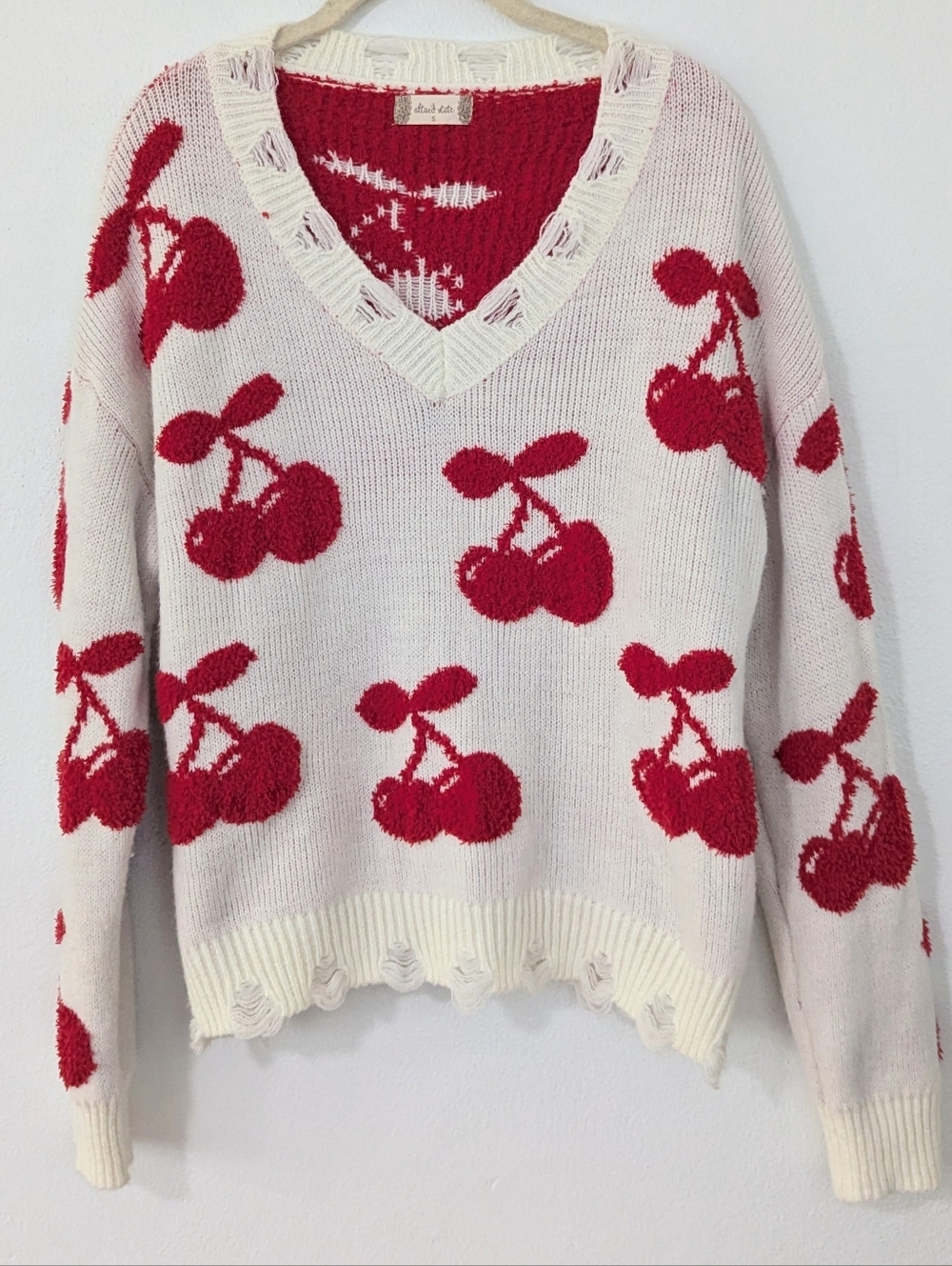 Altar'd State Cherry Print V Neck Sweater Super Soft Distressed White Red Small